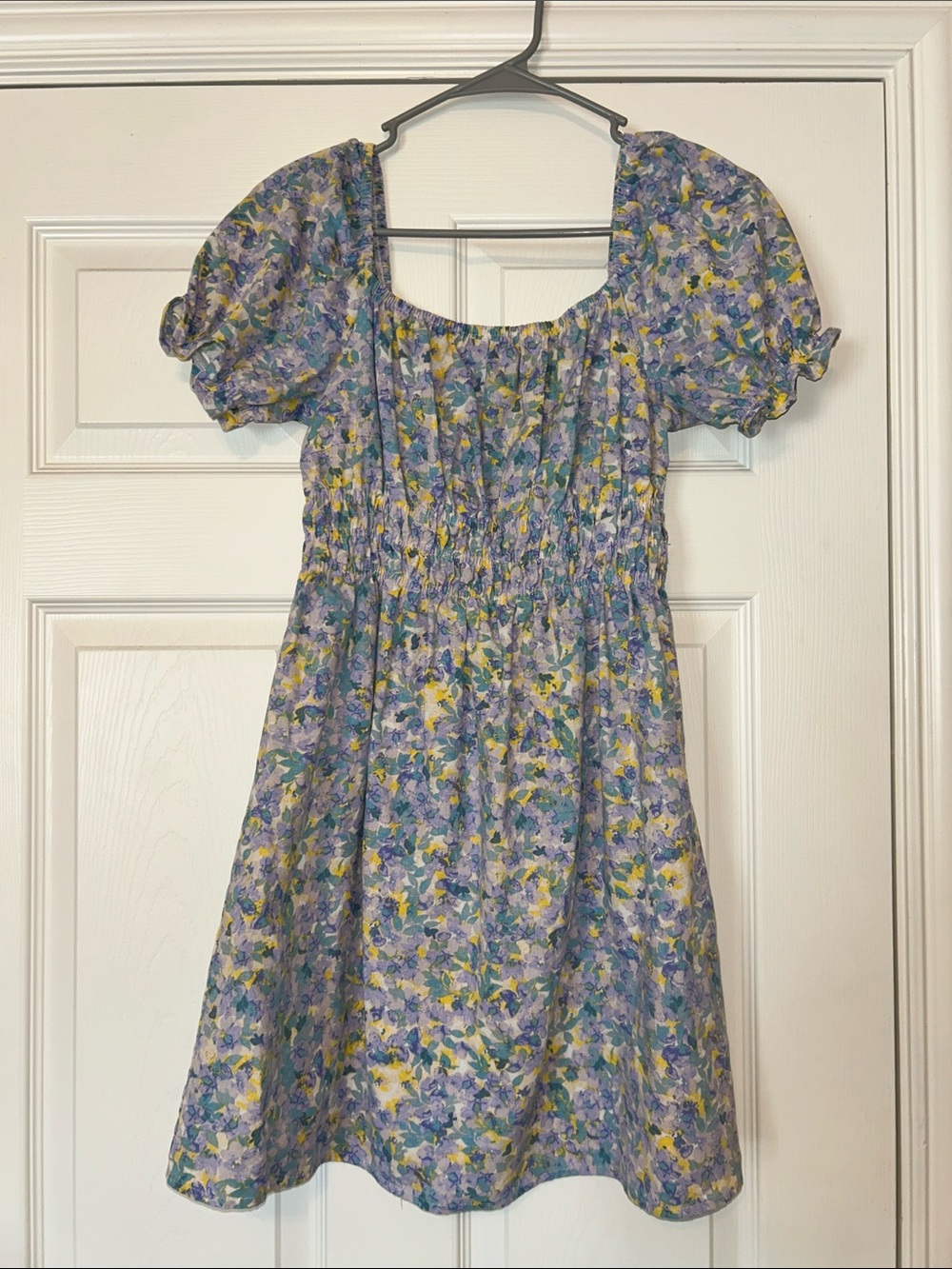 Floral Puff-Sleeve Mini Dress in Lavender Yellow